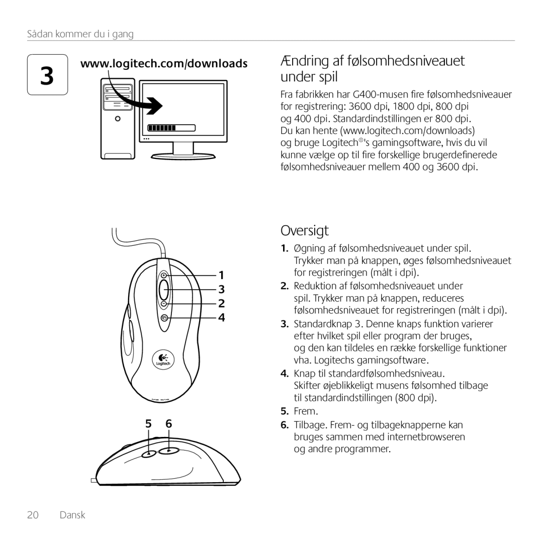 Logitech G400 manual under spil, Oversigt, Ændring af følsomhedsniveauet, Sådan kommer du i gang, Dansk 